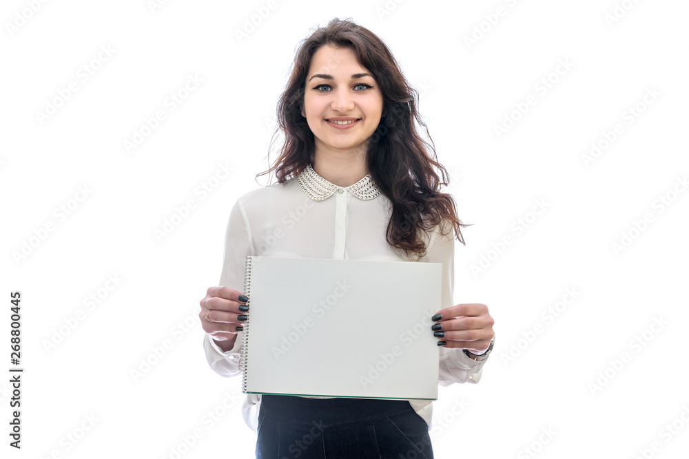 Woman with sheet of paper isolated on white Woman with sheet of paper isolated on white