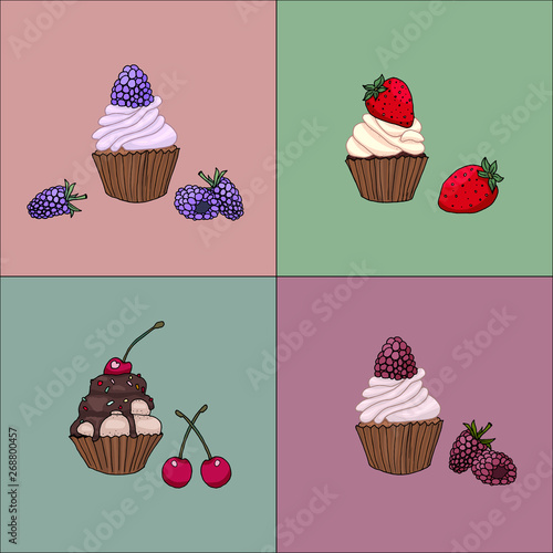 Set of tasty delicious cupcakes with berries in modern design vector illustration