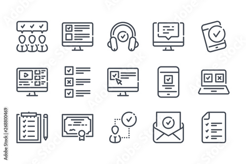 Online Education related line icon set. E-learning and testing vector linear icons.
