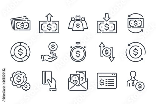 Money and payment related line icon set. Funds and savings vector icon collection. Income and profit linear icons.