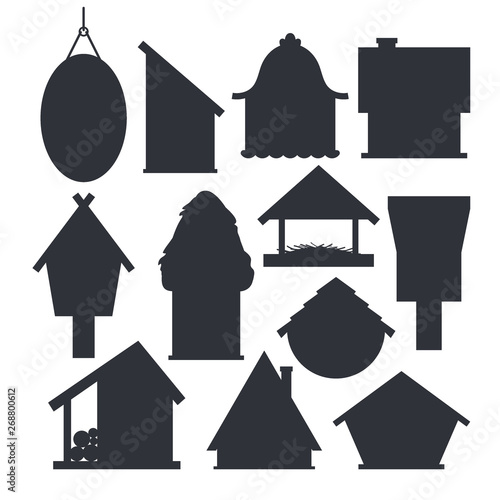 Set of different bird houses in monochrome color isolated on white background. Cartoon homemade nesting boxes for birds, ecology birdboxes vector illustration