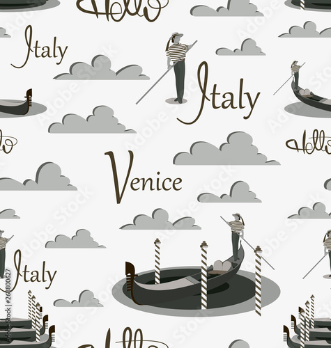 Venice gondola and gondolier in shades of gray. Seamless pattern. Invitation to travel to Italy. Italian male profession. Design elements for the background of the site, tourist poster, textiles.
