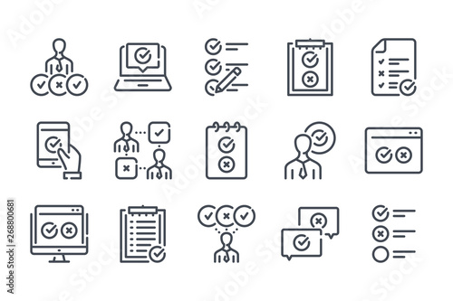Survey related line icon set. Checklist vector linear icon collection. Quiz and feedback report outline icons.