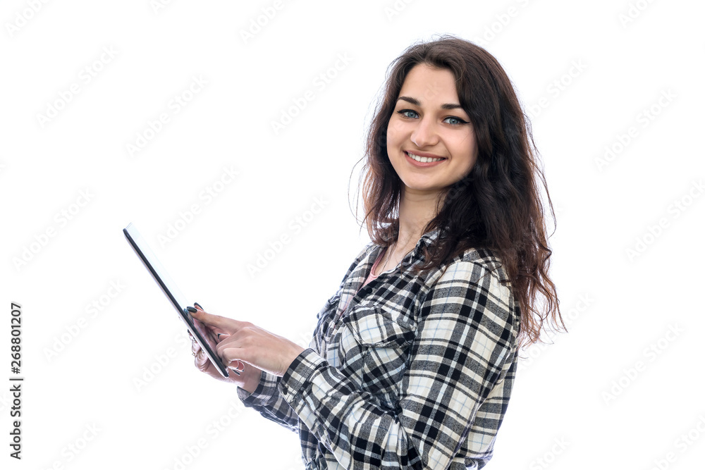 Smiling woman holding tablet isolated on white Smiling woman holding tablet isolated on white