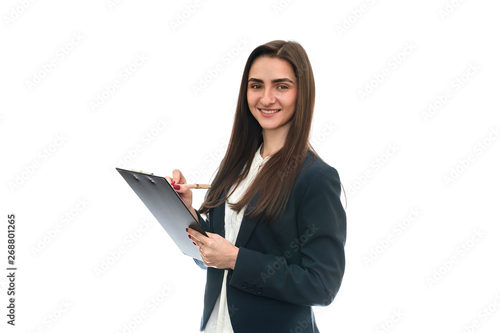 Woman with clipboard and 1040 form isolated on white Woman with clipboard and 1040 form isolated on white