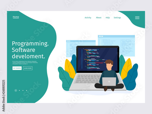 Website and application development. Landing page template programming, coding and software concept. Vector modern 3d isometric illustration.