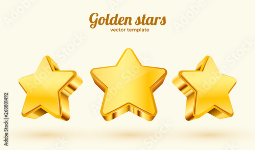 Three golden stars. Template for mobile game. Achievement concept.