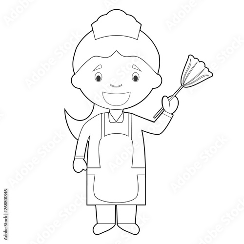 Easy coloring cartoon vector illustration of a maid or cleaning girl.