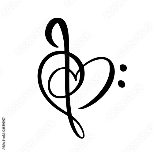 Music key and heart abstract hand drawn vector logo and icon. Musical theme flat design template. Isolated on the white background