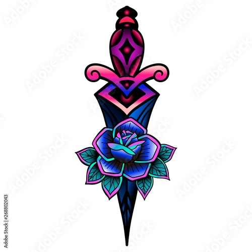 Traditional tattoo with rose flowers and dagger knife. Colorful Tattoo.Vector illustration Old school tattoo line art. Suitable for printing transfer tattoos and stickers back to school
