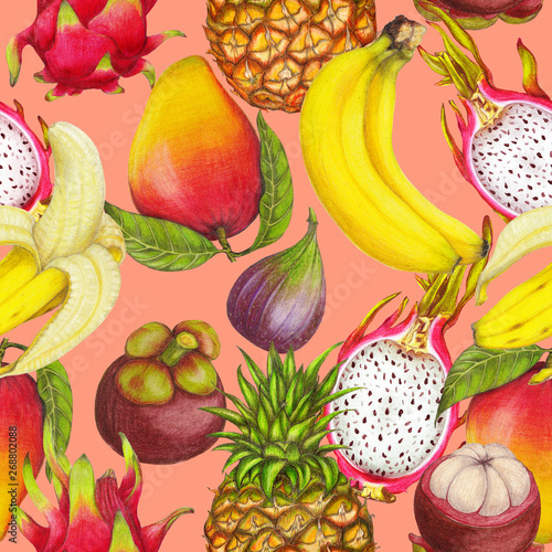 Fototapeta Naklejka Na Ścianę i Meble -  Seamless tropical pattern of hand drawn fresh juicy fruits
