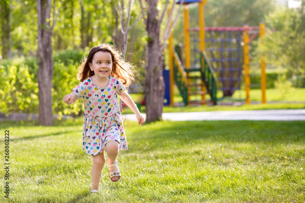 little happy girl on a walk on a summer evening at sunset in the park. Sisters little happy girl on a walk on a summer evening at sunset in the park. Sisters