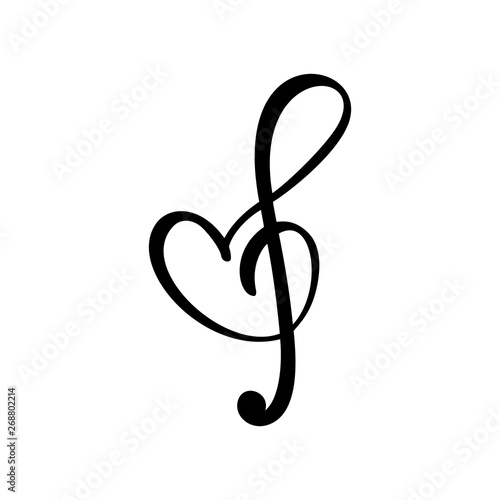 Hand drawn Love Music vector Logo treble clef and heart. Isolated on the white background