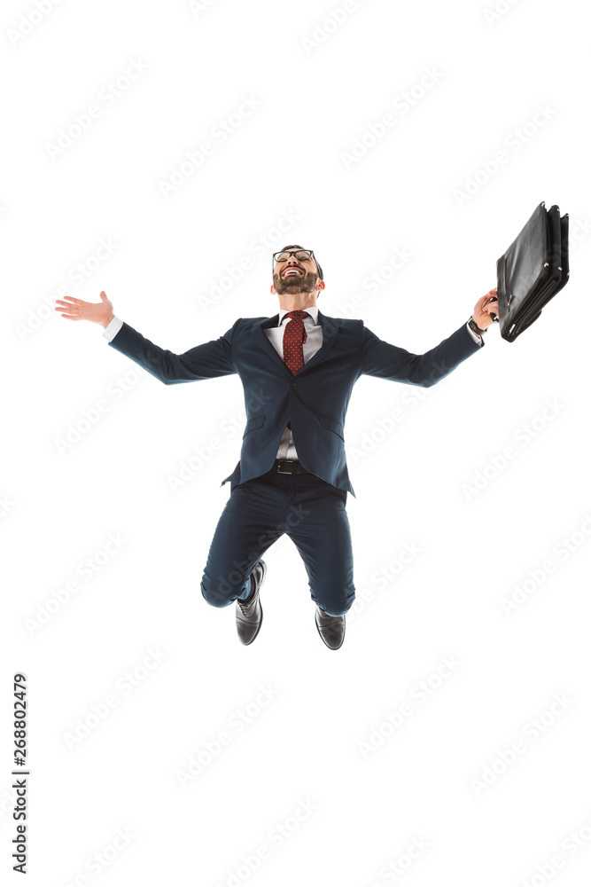 excited businessman with briefcase smiling and jumping isolated on white excited businessman with briefcase smiling and jumping isolated on white