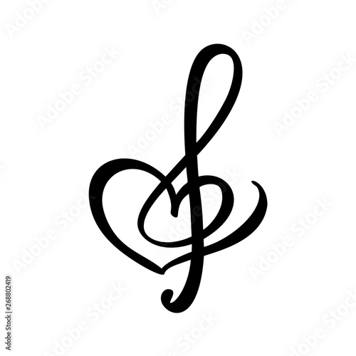 Hand drawn Love Music vector Logo treble clef and heart. Isolated on the white background