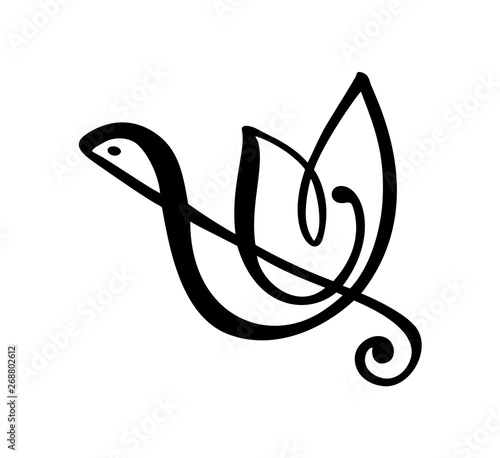 Hand drawn Love Music vector Logo treble clef and bird. Isolated on the white background