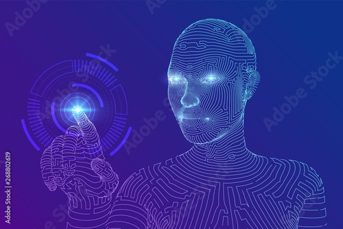 Wireframed female cyborg touching digital graph interface. AI. Artificial intelligence concept. Robotic hand touching digital interface. Touch the future wireframe design. Vector illustration.