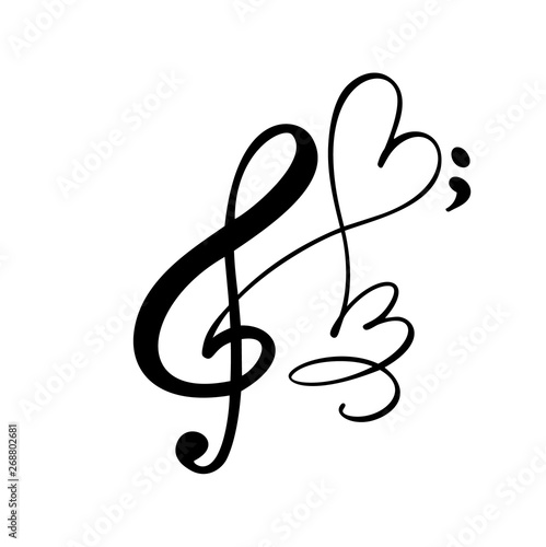 Music key and heart abstract hand drawn vector logo and icon. Musical theme flat design template. Isolated on the white background