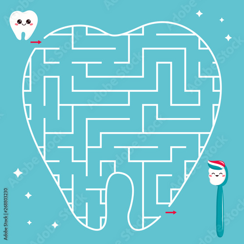 Maze game for kids. Help the tooth find right path to the toothbrush. Vector kawaii characters.