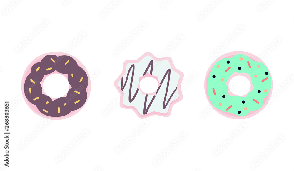 Obraz premium Vector set of donuts icons with colored glaze. Set of american sweet dessert. Sweet donut in flat style.