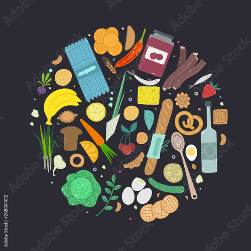 Paleo food circle concept. Healthy diet illustraion made in handdrawn rough style.