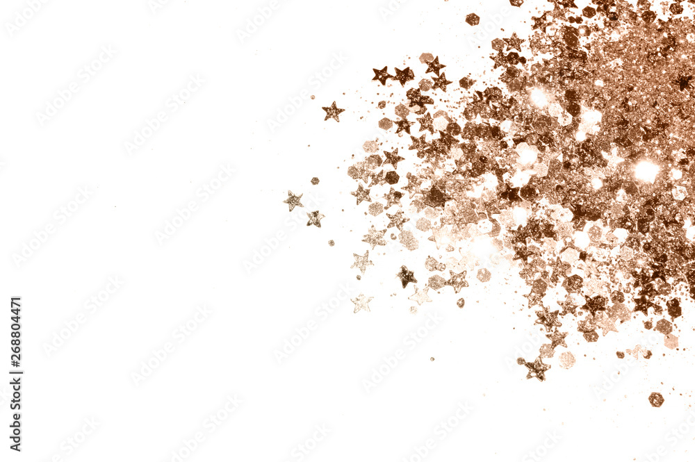 Rose gold glitter and glittering stars on white background in vintage colors