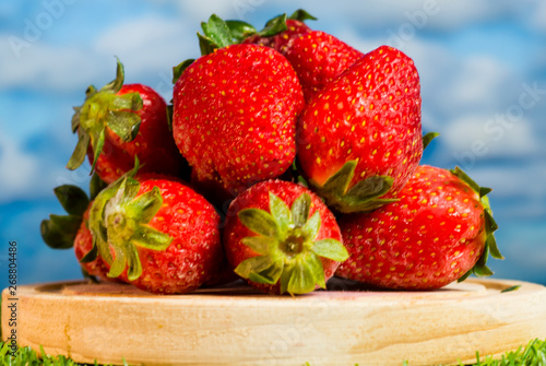 Red strawberries in a wooden plate on green grass with blue sky background