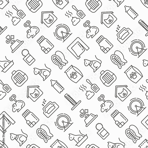 Cat shop seamless pattern with thin line icons  bags for transportation  hygiene  collars  doors  toys  feeders  scratchers  litter  shack  training. Modern vector illustration.