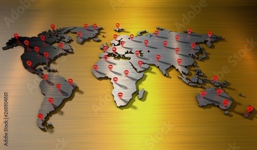 3d rendering World map with signs of geolocation