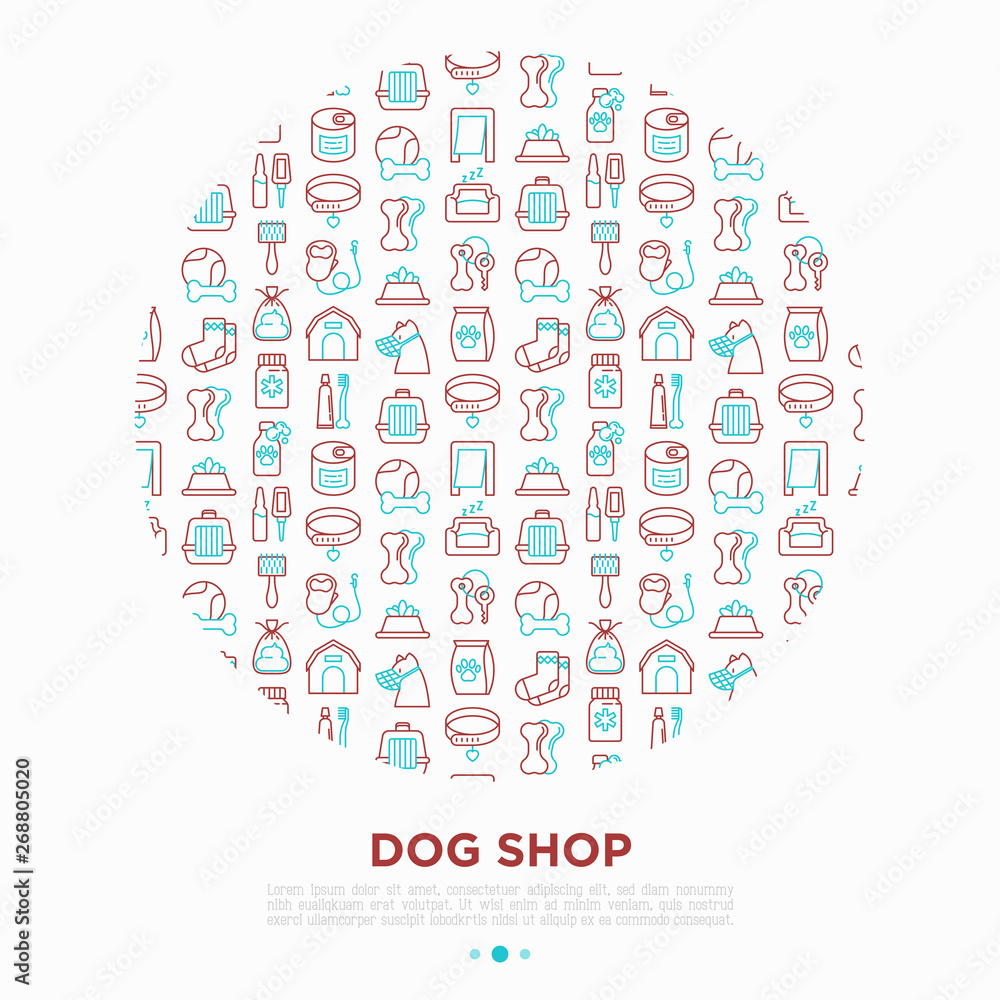 Dog shop concept in circle with thin line icons: bags for transportation, feeders, toys, doors, dental hygiene, muzzle, snacks, hygienic bags, dry food, wet food, collar, haircare. Vector illustration Dog shop concept in circle with thin line icons: bags for transportation, feeders, toys, doors, dental hygiene, muzzle, snacks, hygienic bags, dry food, wet food, collar, haircare. Vector illustration