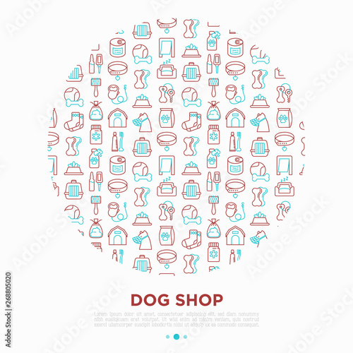 Dog shop concept in circle with thin line icons: bags for transportation, feeders, toys, doors, dental hygiene, muzzle, snacks, hygienic bags, dry food, wet food, collar, haircare. Vector illustration