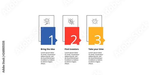 Business process chart infographics with 3 step circles. Circular corporate workflow graphic elements. Company flowchart presentation slide template. Vector info graphic design.