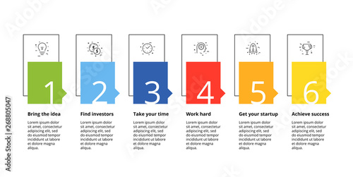 Business process chart infographics with 6 step circles. Circular corporate workflow graphic elements. Company flowchart presentation slide template. Vector info graphic design.
