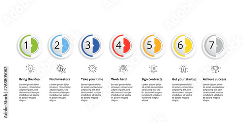 Business process chart infographics with 7 step circles. Circular corporate workflow graphic elements. Company flowchart presentation slide template. Vector info graphic design.