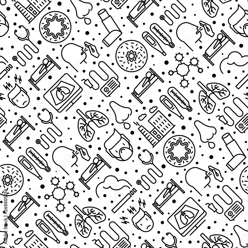 Bronchitis seamless pattern with thin line icons of symptoms and treatments: headache, alveolus, inhaler, nebulizer, stethoscope, thermometer, x-ray, bed rest. Vector illustration. Bronchitis seamless pattern with thin line icons of symptoms and treatments: headache, alveolus, inhaler, nebulizer, stethoscope, thermometer, x-ray, bed rest. Vector illustration.