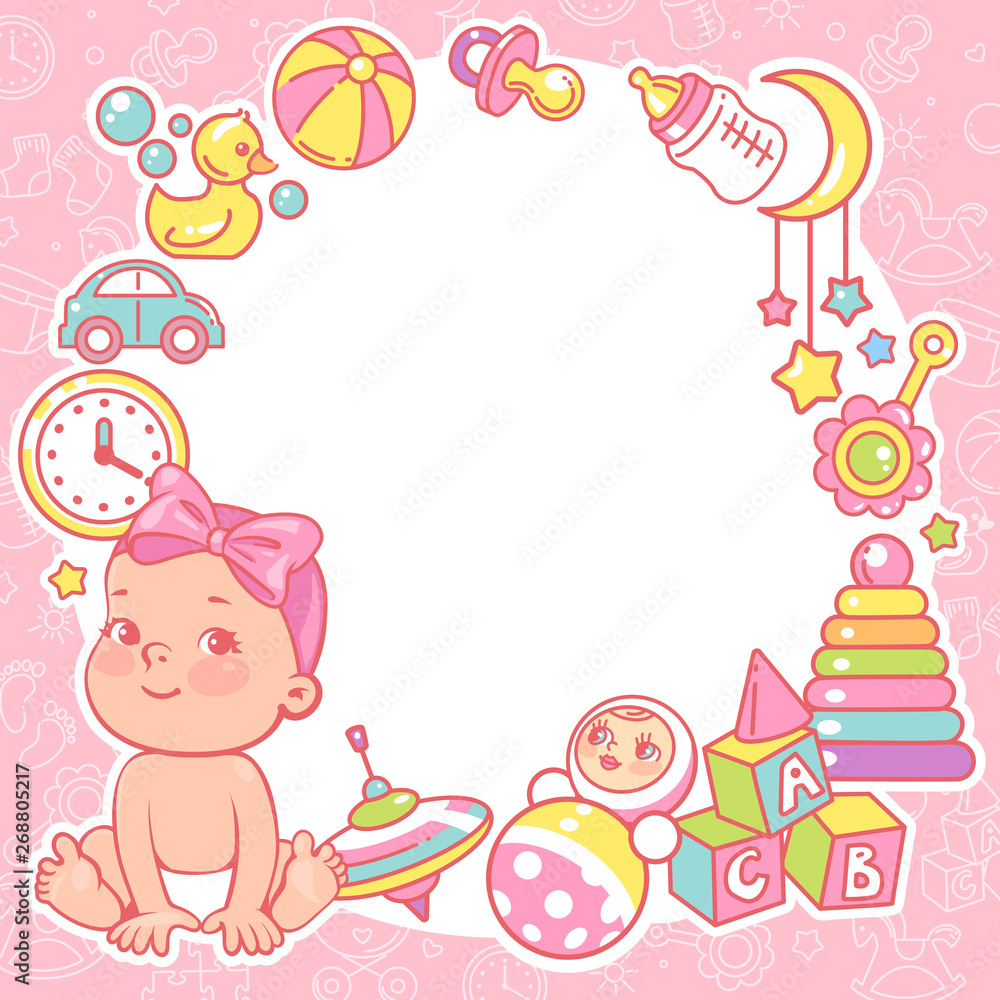 Baby shower design template. Baby girl with toy frame. Baby shower design template. Baby girl with toy frame.