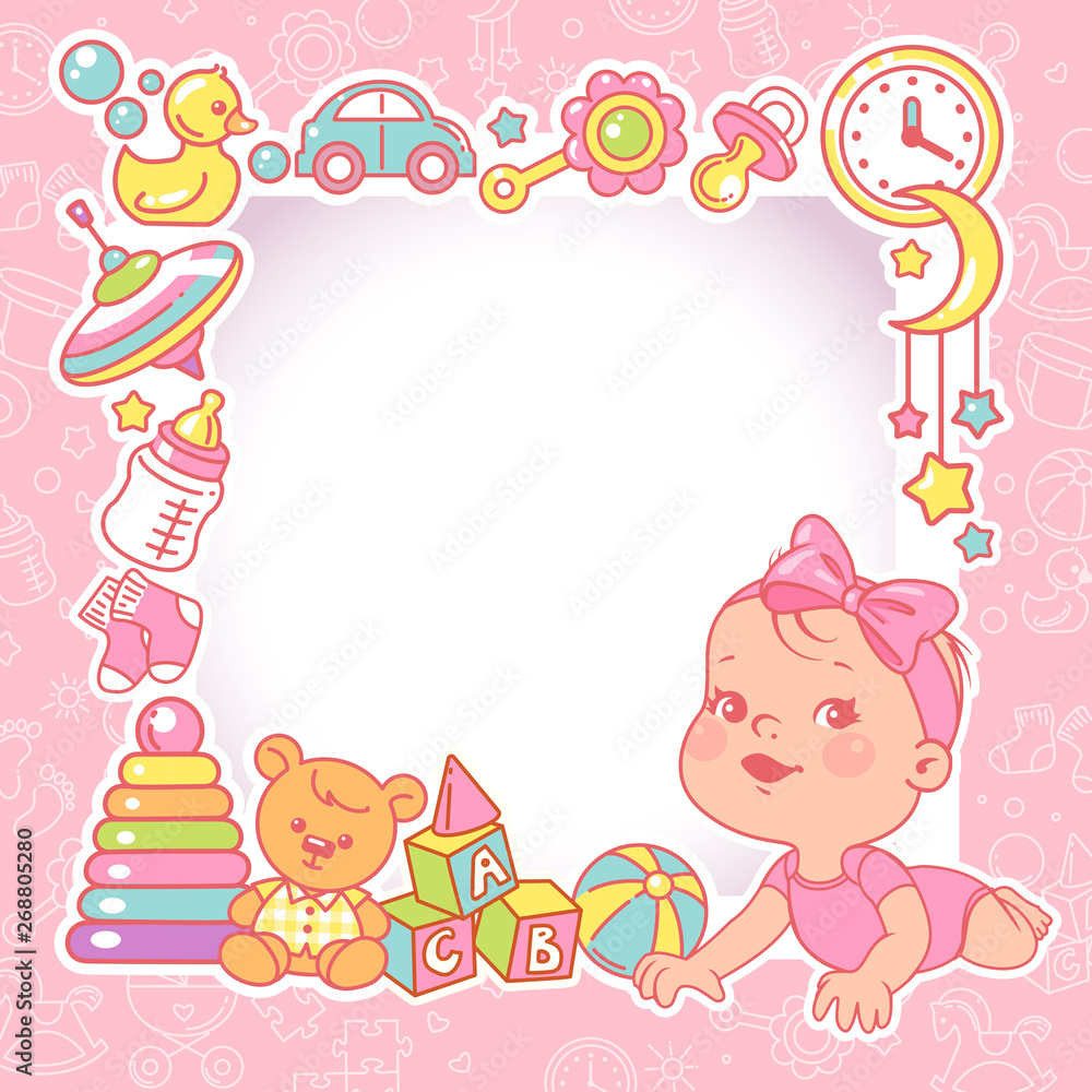 Baby shower design template. Baby girl with toy frame. Baby shower design template. Baby girl with toy frame.