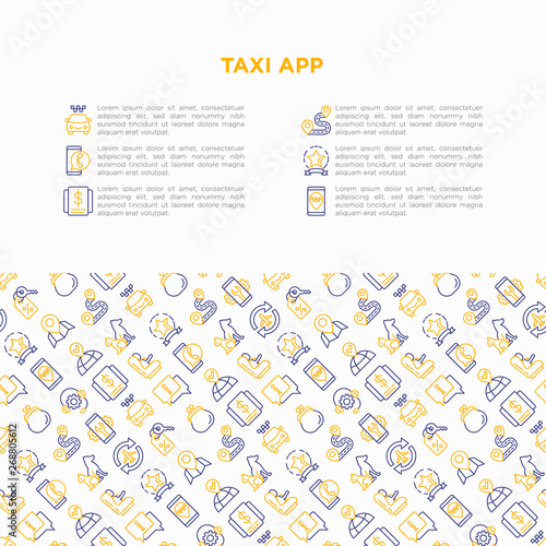 Taxi app concept with thin line icons: payment method, promocode, app settings, info, phone number, pointer, route, destination, airport transfer, baby seat. Vector illustration for print media.