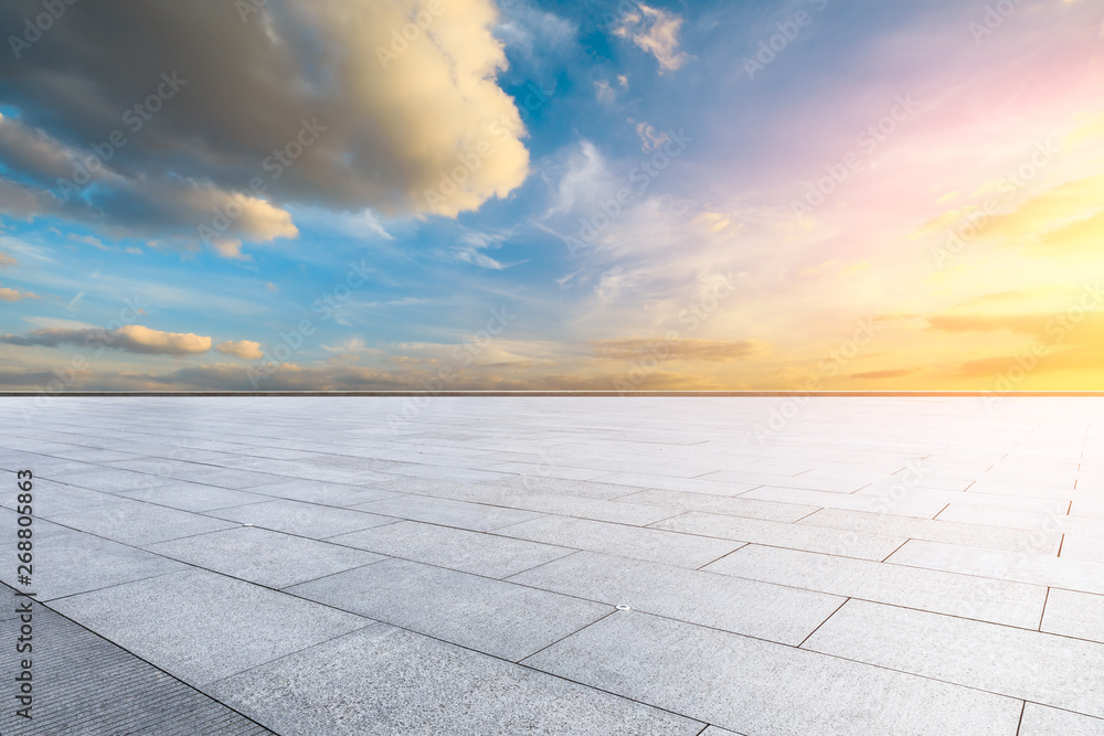 Empty square floor and beautiful sky at sunrise