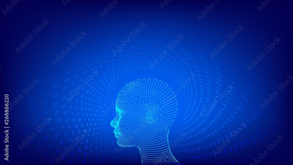 AI. Artificial intelligence concept. Ai digital brain. Abstract digital human face. Human head in robot digital computer interpretation. Robotics concept. Wireframe head concept. Vector illustration. AI. Artificial intelligence concept. Ai digital brain. Abstract digital human face. Human head in robot digital computer interpretation. Robotics concept. Wireframe head concept. Vector illustration.