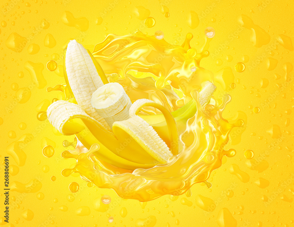 Fresh ripe banana, slice and banana juice splash swirl on drops