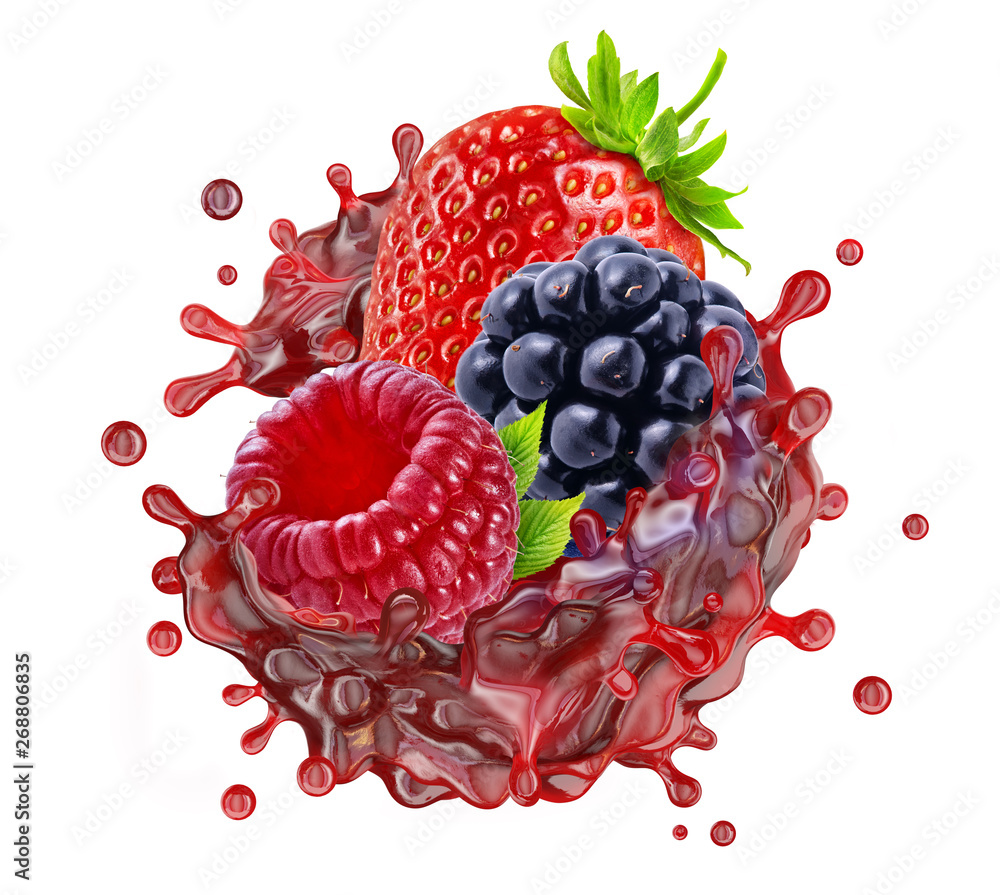 Fotografie Sweet tasty fresh ripe strawberry raspberry, blackberry juice blend mix splash swirl with strawberry, blackberry and raspberry