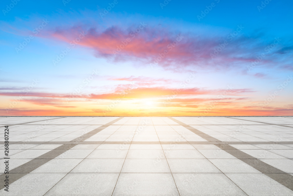 Empty square floor and beautiful sky at sunrise
