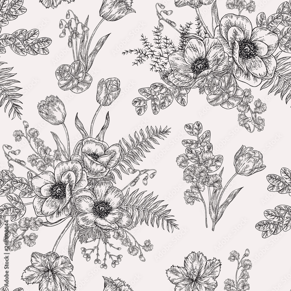 Seamless pattern with anemones. Spring flowers and leaves. Garden plants. Vector illustration. Seamless pattern with anemones. Spring flowers and leaves. Garden plants. Vector illustration.