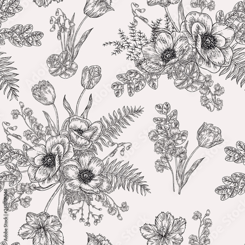Fototapeta Naklejka Na Ścianę i Meble -  Seamless pattern with anemones. Spring flowers and leaves. Garden plants. Vector illustration.