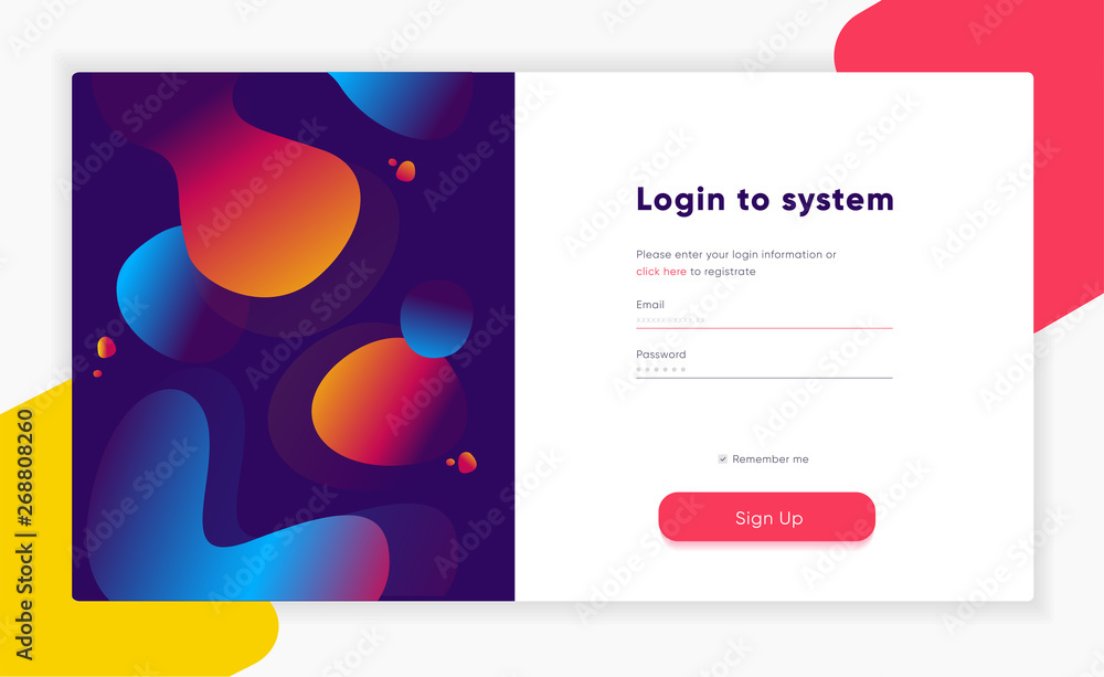 Login form page. Registration form and login form with liquid lamp morphing holographic shapes. Dynamic abstract shape composition.