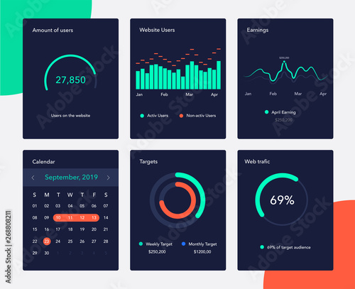 Financial and marketing Data charts. Network management data screen with charts and radial diagrams. Interface screen with colored infographic illustration. UI elements