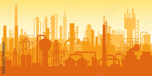 Industrial plant, factory silhouette, exterior of enterprise scene, oil refinery.