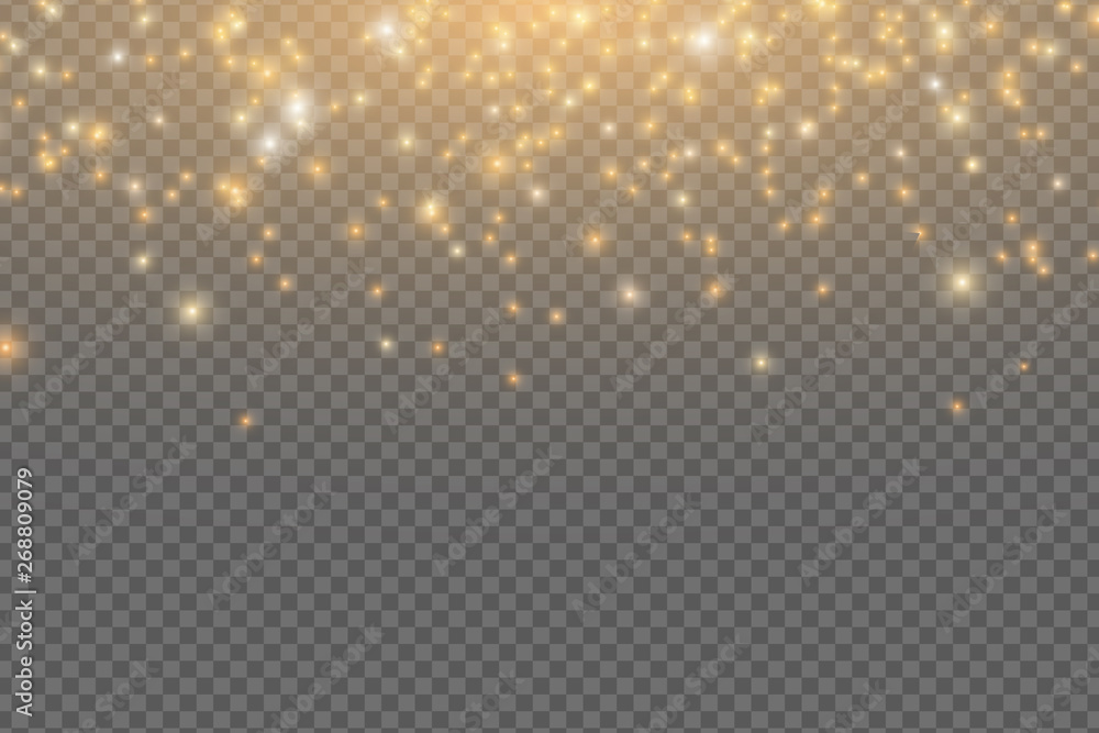 Abstract falling golden lights. Magical golden dust and glare isolated on transparent background. Festive Christmas lights. Golden rain. Vector illustration Abstract falling golden lights. Magical golden dust and glare isolated on transparent background. Festive Christmas lights. Golden rain. Vector illustration