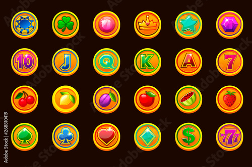 Vector Big set gaming icons on golden coins for slot machines or casino. Game casino, slot, UI. Vector icons on separate layers.